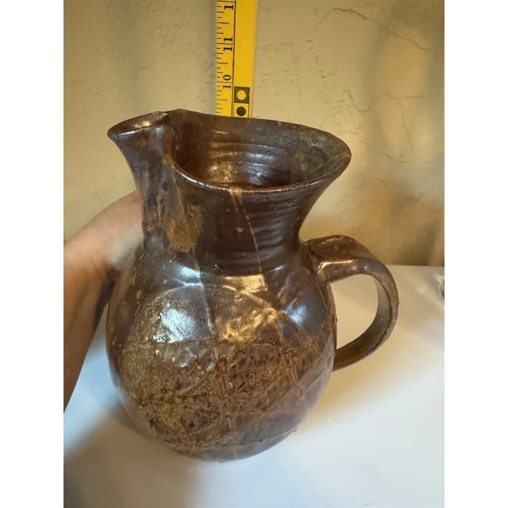 Vintage Studio Pottery Pitcher Hand Thrown Faceted Brown Glaze Art Jug Rustic